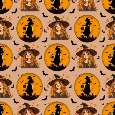 Kusursuz Cadılar Bayramı deseni, kızıl saçlı cadı portresi dolunay siluetleri, uçan yarasalar ve turuncu ve kahverengi tonlarda sihirli elementler.