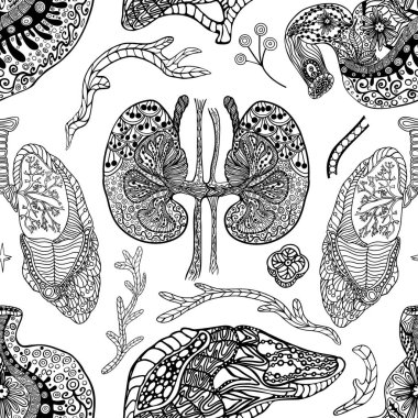 İnsan akciğerleri ve anatomik elementlerle kusursuz desen. Medikal Çizgi Sanat Biçiminde El Çekimi Ciğerleri Vektörü