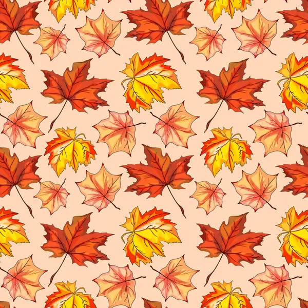 Renkli Sonbahar Sonbaharı Yaprakları ile Kusursuz Desen. Akçaağaç ve Meşe Yaprakları ile Vektör Arkaplanı