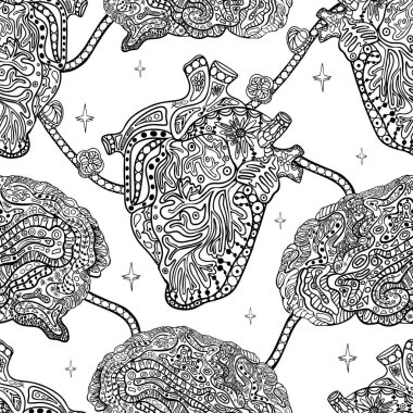 İnsan Kalbi Anatomik Çizgi Sanat Tarzı 'nda Kusursuz Desen. Monokrom 'da Kalp ve Damarların El Çekimi Vektörü
