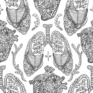 Akciğerleri, organları ve atardamarları olan anatomik vektör. Kalıpta İnsan Organlarının Siyah ve Beyaz İllüstrasyonu