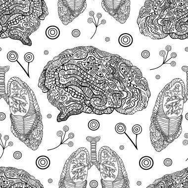Beyin ve Akciğerler Anatomik Tarzda Kusursuz Desen. Beyin ve Solunum Sistemi Bilimsel Çizgi Sanatı