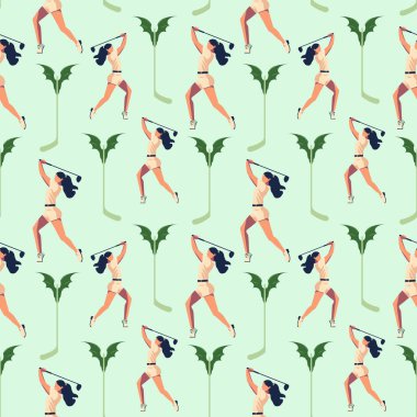 Darphane arka planında Retro Mayo Kızlar Kusursuz Desen. Yaz Plajı Kız Vektörü Pin-Up Tarzı