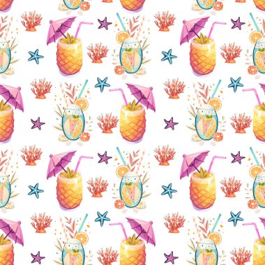 Tropikal Kokteyller ve Meyvesiz Yaz Şablonu. Ananas İçeceği ve Plaj Aksesuarları Vektörü