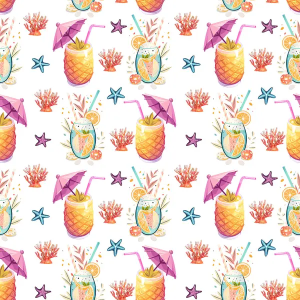 Tropikal Kokteyller ve Meyvesiz Yaz Şablonu. Ananas İçeceği ve Plaj Aksesuarları Vektörü