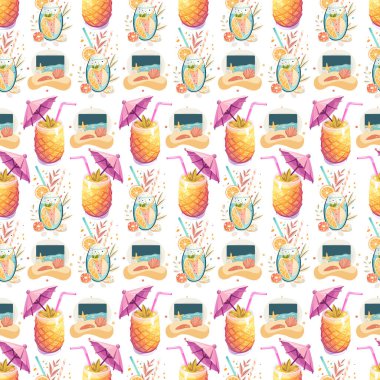 Tropik Yaz Partisi Kusursuz Vektör Deseni. Ananas içecekleri, şemsiyeler ve güneş gözlüğü desenleri.