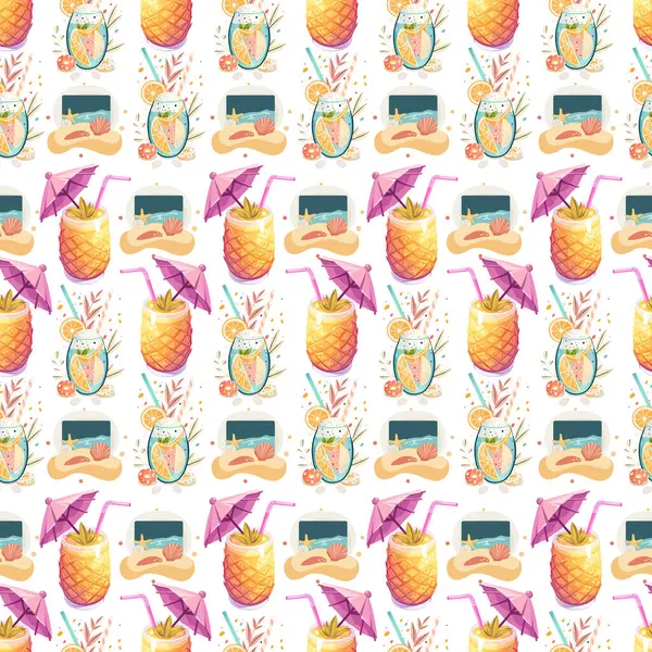 Tropik Yaz Partisi Kusursuz Vektör Deseni. Ananas içecekleri, şemsiyeler ve güneş gözlüğü desenleri.