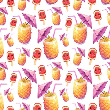 Ananas Kokteyli ve Dondurma Yaz Şablonu. Tropik İçecek ve Buzlu Dondurma Kusursuz Vektör Arkaplanı