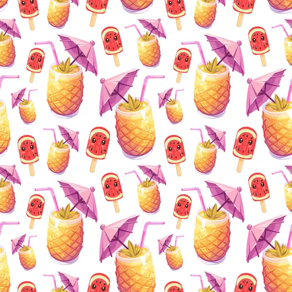 Ananas Kokteyli ve Dondurma Yaz Şablonu. Tropik İçecek ve Buzlu Dondurma Kusursuz Vektör Arkaplanı