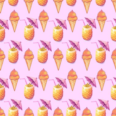 Pembe arka planda ananas kokteylleri ve dondurma külahlarıyla kusursuz bir yaz şablonu.