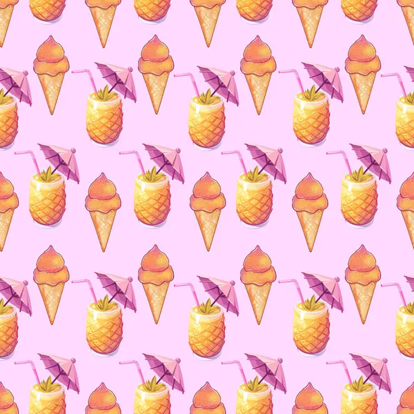 Pembe arka planda ananas kokteylleri ve dondurma külahlarıyla kusursuz bir yaz şablonu.
