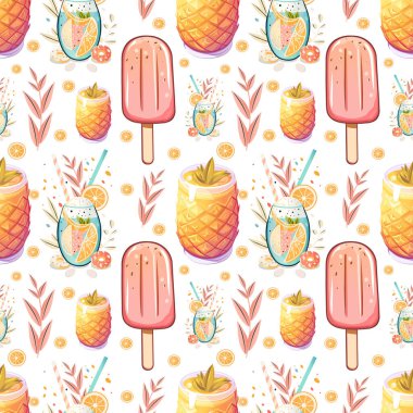 Dondurma, ananas ve tropikal içeceklerle kusursuz yaz şablonu. Parlak Tatil Biçiminde Şekiller ve Kokteyller