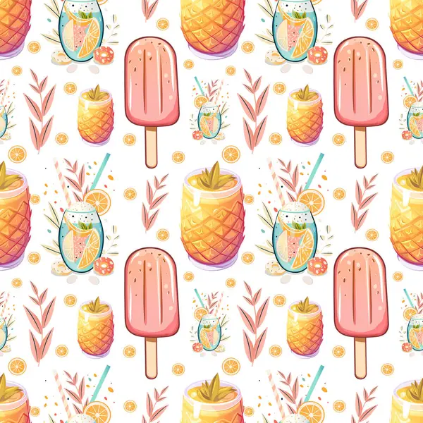 Dondurma, ananas ve tropikal içeceklerle kusursuz yaz şablonu. Parlak Tatil Biçiminde Şekiller ve Kokteyller