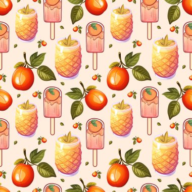 Kusursuz yaz içeceği ve buzlu meyveli şeker. Ananas Kokteyli ve Taze Meyve Arkaplan Dondurması