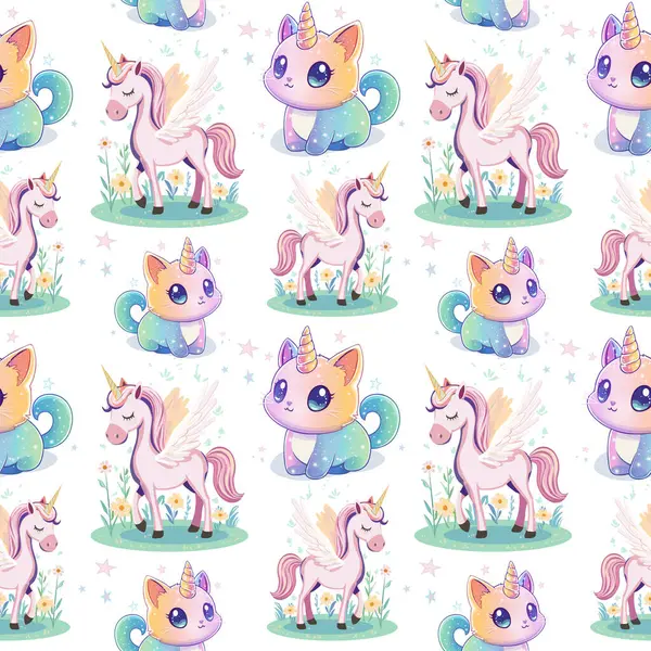 Şirin Tekboynuz ve Çocuklar için Kedi Fantezi Örnekleri. Pembe Tek Boynuzlu atlar ve Kedilerle Sevimli Kusursuz Tasarım