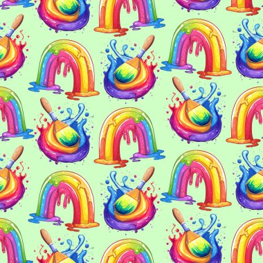 Gökkuşağı ve Boya Paleti Kusursuz Sanat Şablonu. Renkli Boyama Araçları ve Gökkuşağı Tekrarlama Tasarımı