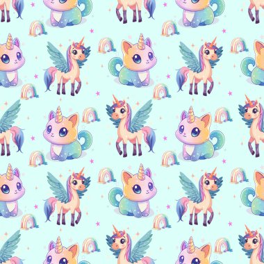 Şirin Tekboynuzlar ve Fantezi Hayvanlar Kusursuz Şablon. Sihirli Kawaii Tekboynuz Kedi ve Pegasus Tasarımı
