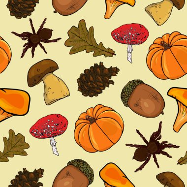 Pumpkins ve Mantarlı Sonbahar Kusursuz Deseni. Sonbahar sezonu Yapraklar ve Çam kozalakları ile Tekrarlanan Tasarım