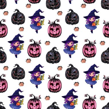 Cadılar Bayramı Cadıları ve Balkabaklarıyla Kusursuz Desen. Pembe Balkabakları ve Cadı Kızlar ile Şirin Cadılar Bayramı Tasarımı