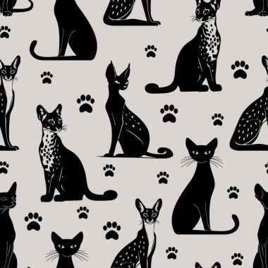 Bej üzerinde Pençe İzleri olan Kusursuz Kedi deseni. Oyuncak Şekilli Siyah Kedi Silüeti Deseni