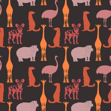 Karanlık Arkaplan 'da renkli Safari Hayvan Modeli. Zürafalar, gergedanlar, aslanlar ve devekuşları olan kusursuz desenler.