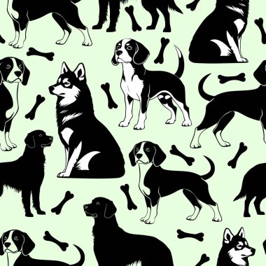 Husky ve Beagle Breeds 'li Kusursuz Köpek Örnekleri. Yeşil üzerinde Siyah ve Beyaz Köpek Görüntü Düzeni