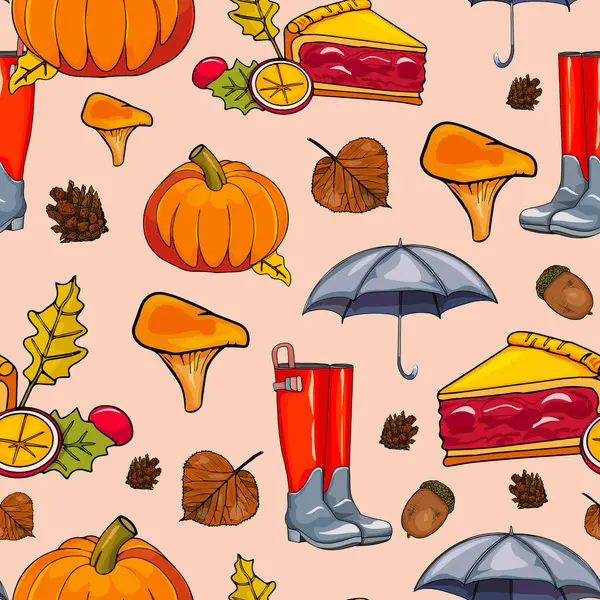 Pumpkin Pie ve Leaves ile Sonbahar Kusursuz Deseni. Mantar, Turta ve Şemsiyeli Samimi Sonbahar Şablonu