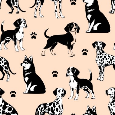 Bej pembe arka planda, en az çizgi film tarzında siyah kaniş köpek siluetleri olan kusursuz bir desen.
