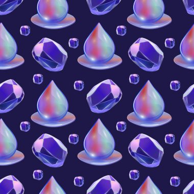 Holografik İksir ve Kristal Kusursuz Şablon. Karanlık Arkaplanda Yanardöner Damlalar ve Taşlar