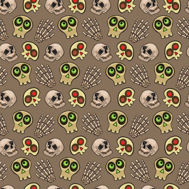 Cadılar Bayramı Kafatası ve İskelet El Kusursuz Düzen. Ürkütücü Karikatür Kafatası ve Kemik Tekrarı Tasarımı