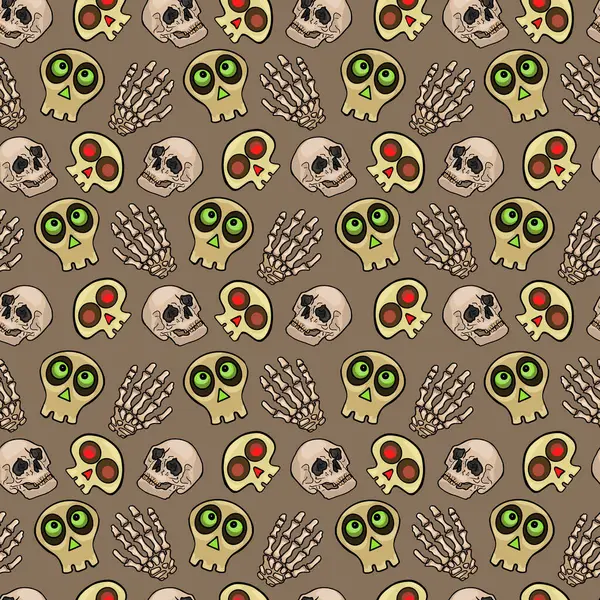 Cadılar Bayramı Kafatası ve İskelet El Kusursuz Düzen. Ürkütücü Karikatür Kafatası ve Kemik Tekrarı Tasarımı