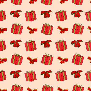 Bej rengi kusursuz bir Noel hediyesi ve fiyonk deseni. Tatil Sunumu ve Kurdele Tekrarlanan Arkaplan Tasarımı