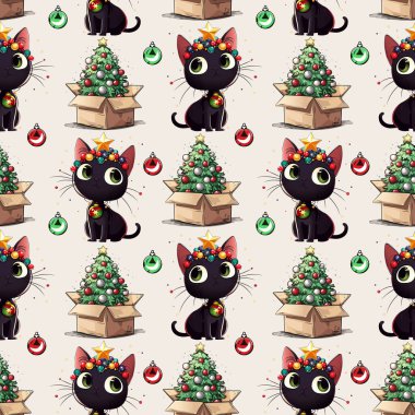 Noel Kedisi Kusursuz Şablonu 'nda hediyeler ve ağaçlar. Şirin Kara Kedi ve Tatil Dekorasyonu Tekrarlayan Tasarım