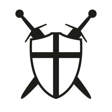 shield with cross and two crossed swords icon silhouette symbol, vector illustration of medieval sword isolated on a white background