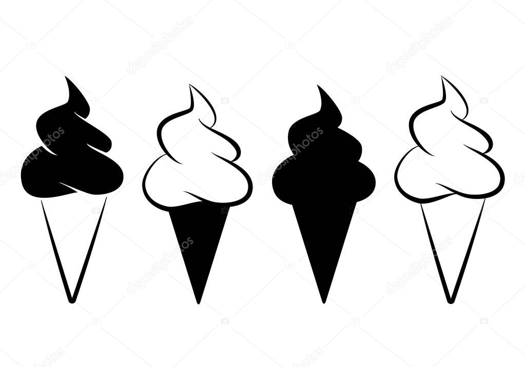 Ice cream - set of black and white symbol of soft serve ice creams in a cone, simple vector illustration isolated on white background