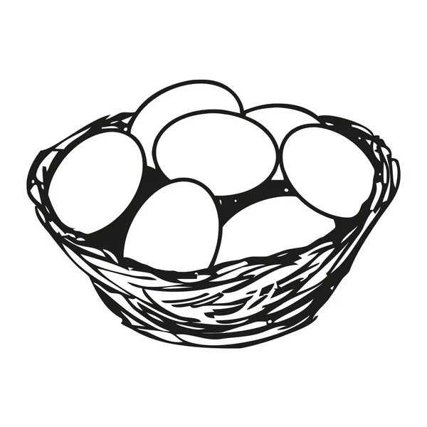 Eieren Een Rieten Mandje Zwart Wit Vector Illustratie — Stockvector