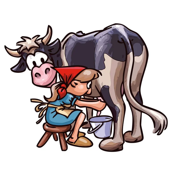 Venkovská Žena Dojící Kráva Vektorové Kreslené Ilustrace Izolované Bílém Pozadí — Stockový vektor