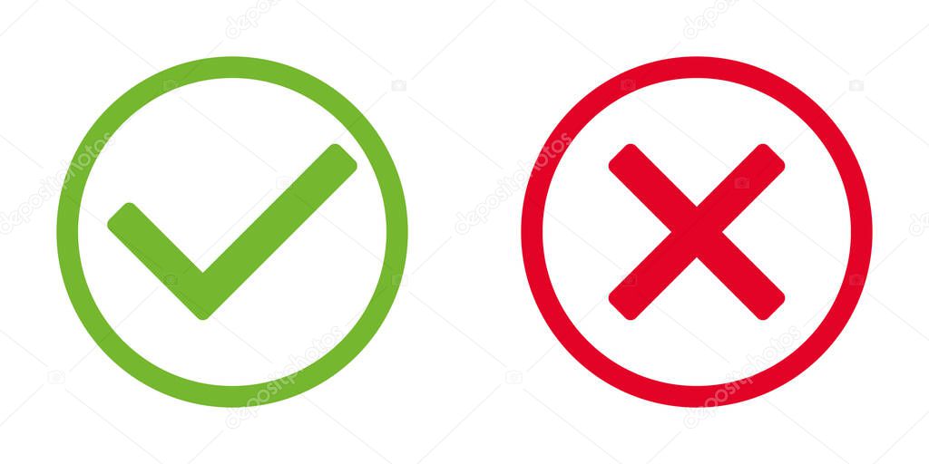 Green tick and red x in circle, OK check mark and X cross icon symbol, vector illustration isolated on a white background