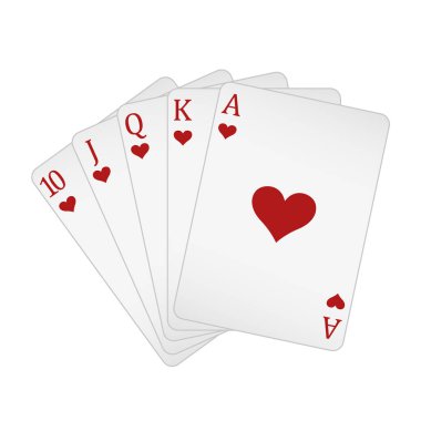 İskambil kartları - kraliyet floş kalplerinden oluşan bir poker eli 10 J Q K A, vektör illüstrasyonu beyaz arka planda izole edilmiş