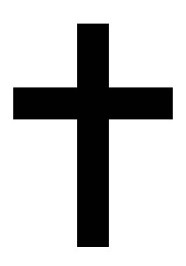 Hıristiyan haçı, siyah ve beyaz vektör silueti, beyaz arka planda izole edilmiş, Latin haç şeklindeki dini çizimler.