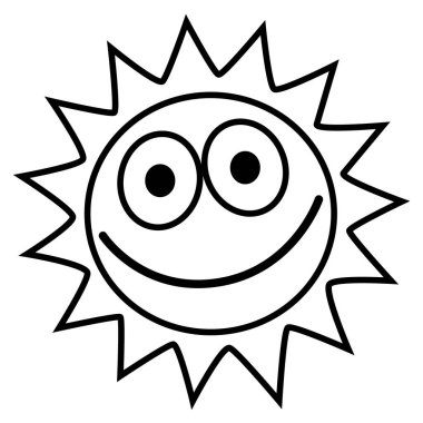 Güneş - gözleriyle gülümseyen bir güneş, beyaz arkaplanda izole edilmiş siyah beyaz çizgi film vektör çizimi
