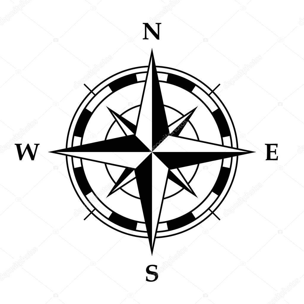 Compass rose symbol, black and white vector illustration of four cardinal directions, white background