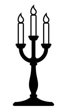 Mum tutucu, siyah ve beyaz vektör silueti, beyaz arka planda izole edilmiş, yanan üç mum şekilli şamdanın çizimi