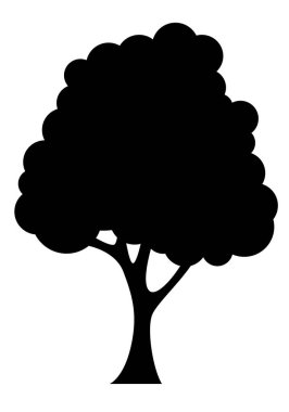 Ağaç silueti, beyaz arkaplanda izole edilmiş geniş yapraklı ağaç şeklinin siyah ve beyaz vektör çizimi