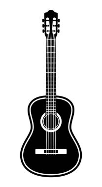 Akustik gitar silueti şekli, beyaz zemin üzerinde izole edilmiş klasik dizili müzik enstrümanının siyah ve beyaz vektör çizimi