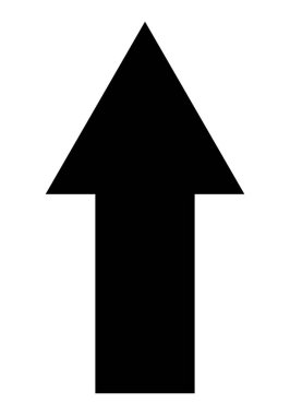 Düz şekil sembolü, siyah ve beyaz vektör silueti gösteren ok beyaz arkaplanda ileri ve yukarı izole edilmiş koyu siyah bir oku gösteriyor.