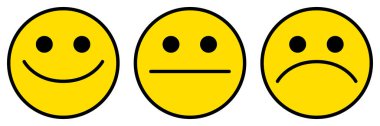 İkon simgesi seti, üç emoji - mutlu, üzgün ve nötr, gülen yüzün sembolü, beyaz arkaplanda izole edilmiş renk vektör çizimi