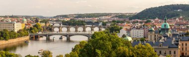 Prag, Çek Cumhuriyeti - 07 31 2024: Vltava Nehri, köprüler ve kuleler ile Prag şehir manzarası
