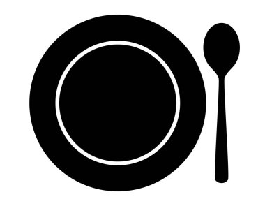 çatal bıçak takımı - kaşık ve tabak silueti şekli, siyah ve beyaz vektör çizimi, beyaz arkaplan