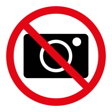 Fotoğraf işareti yok, kırmızı vektör çizilmiş daire sembolü, beyaz arkaplanda izole edilmiş.